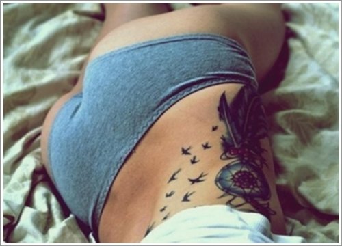 flying Birds And Dreamcatcher Tattoo On Left Side Rib
